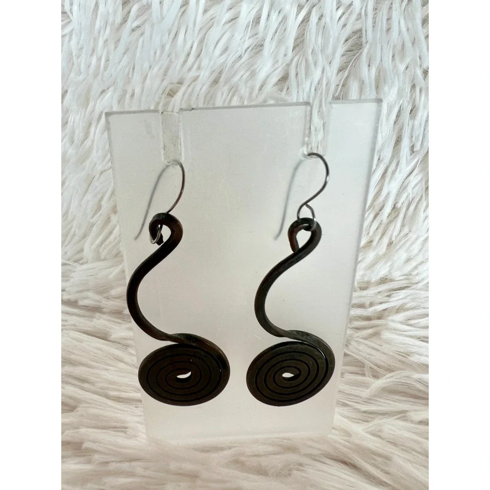 Vintage Copper Spiral Dangle Earrings Artisan Boho Modernist Abstract‎ Pierced